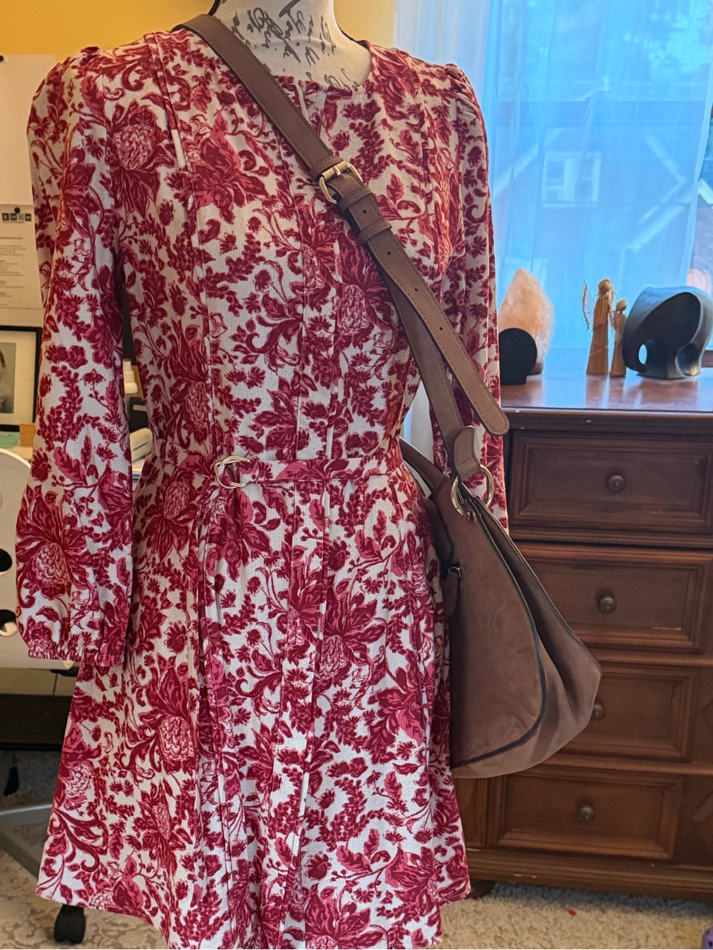 LOFT Red and White Long-Sleeve Floral Fit-and-Flare Dress